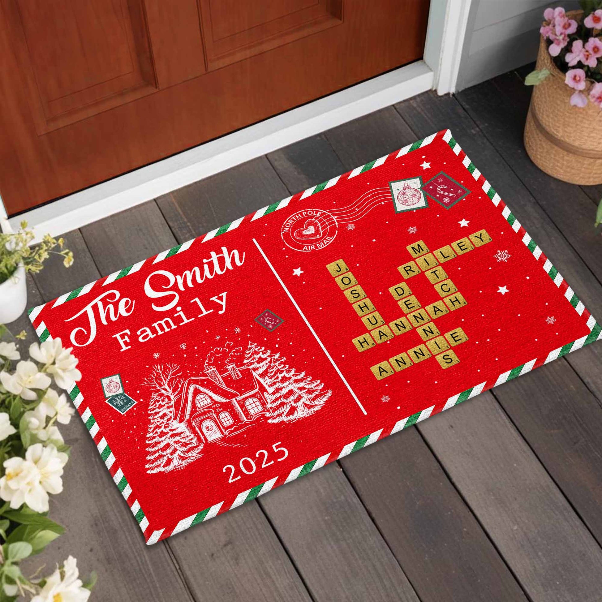 The [Family Name] Family Christmas House and Snowflakes Doormat