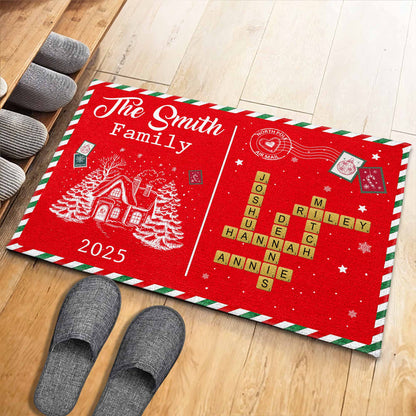 The [Family Name] Family Christmas House and Snowflakes Doormat