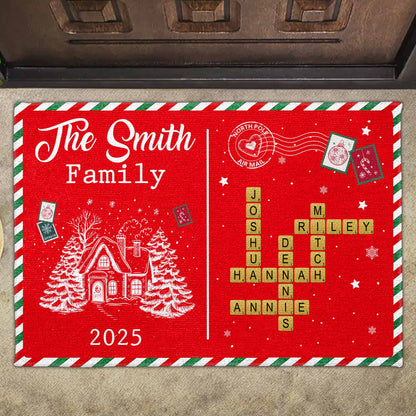 The [Family Name] Family Christmas House and Snowflakes Doormat