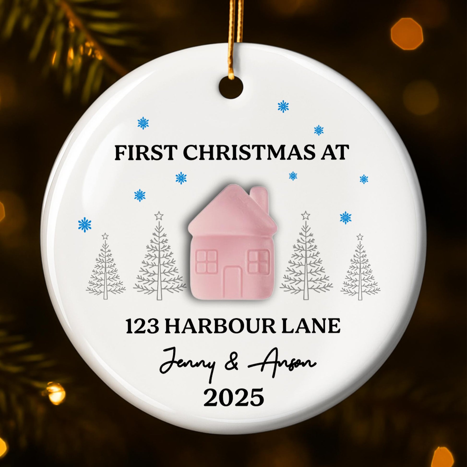 First Christmas At [Customizable Address] With Snowflakes And Trees