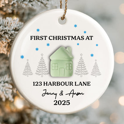First Christmas At [Customizable Address] With Snowflakes And Trees