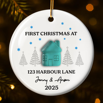 First Christmas At [Customizable Address] With Snowflakes And Trees
