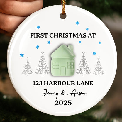 First Christmas At [Customizable Address] With Snowflakes And Trees