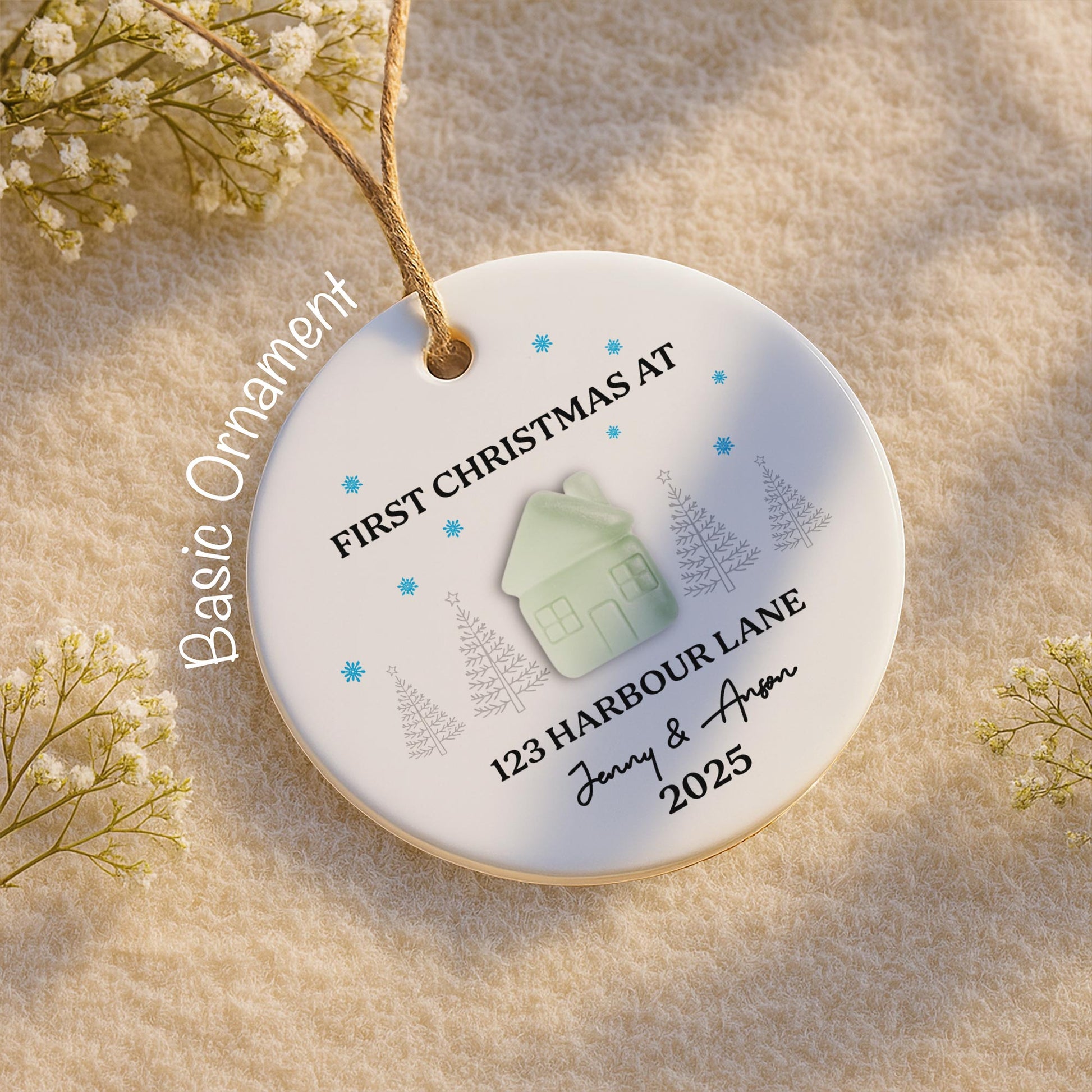 First Christmas At [Customizable Address] With Snowflakes And Trees