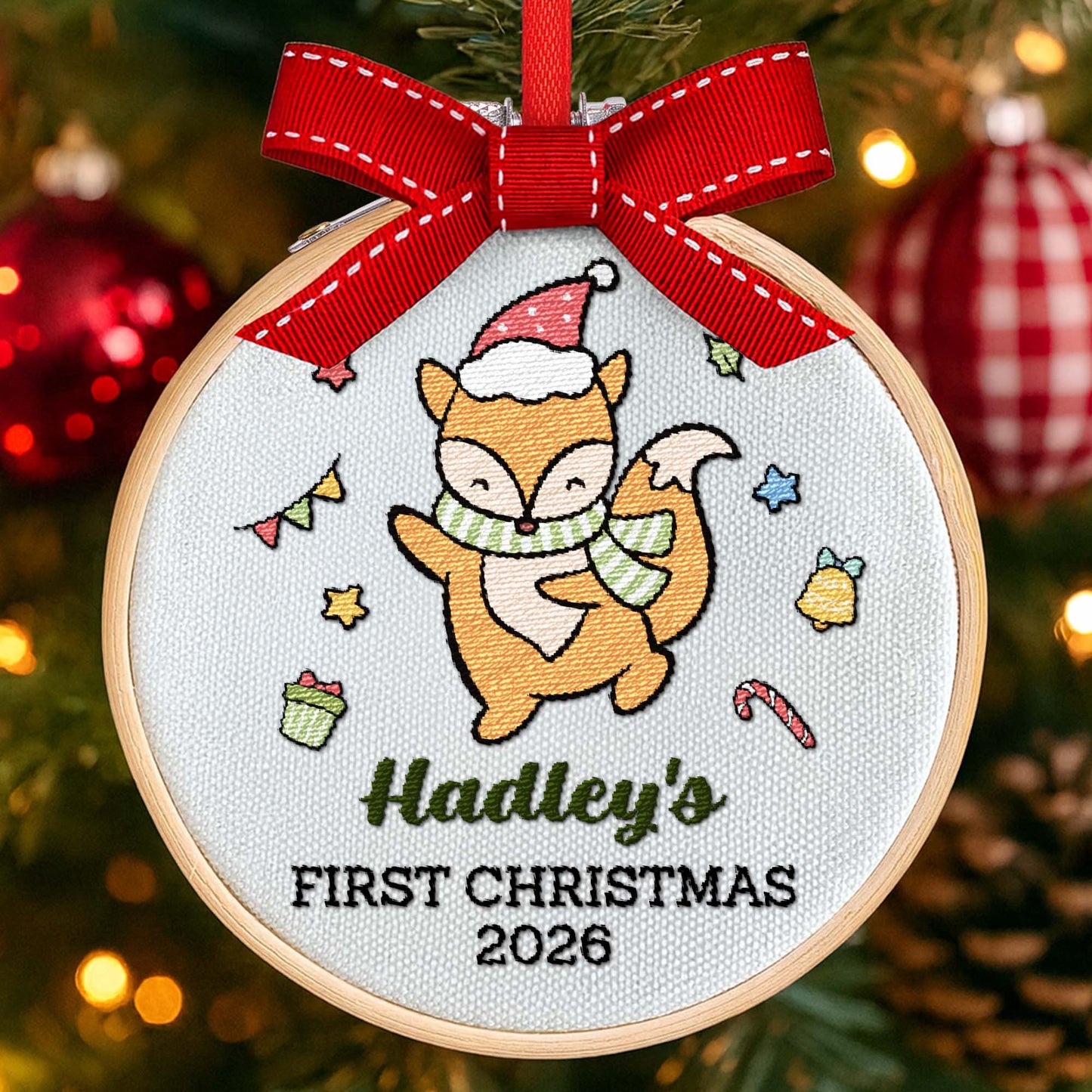 First Christmas With Cute Embroidered Fox And Holiday Decorations - Personalized Embroidered Ornament - XMAS158_EMBO