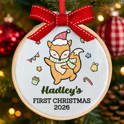 First Christmas With Cute Embroidered Fox And Holiday Decorations - Personalized Embroidered Ornament - XMAS158_EMBO