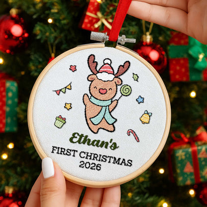 First Christmas With Cute Embroidered Fox And Holiday Decorations - Personalized Embroidered Ornament - XMAS158_EMBO