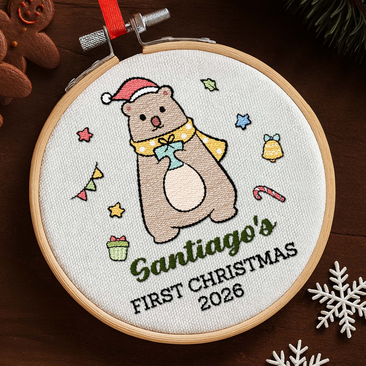 First Christmas With Cute Embroidered Fox And Holiday Decorations - Personalized Embroidered Ornament - XMAS158_EMBO