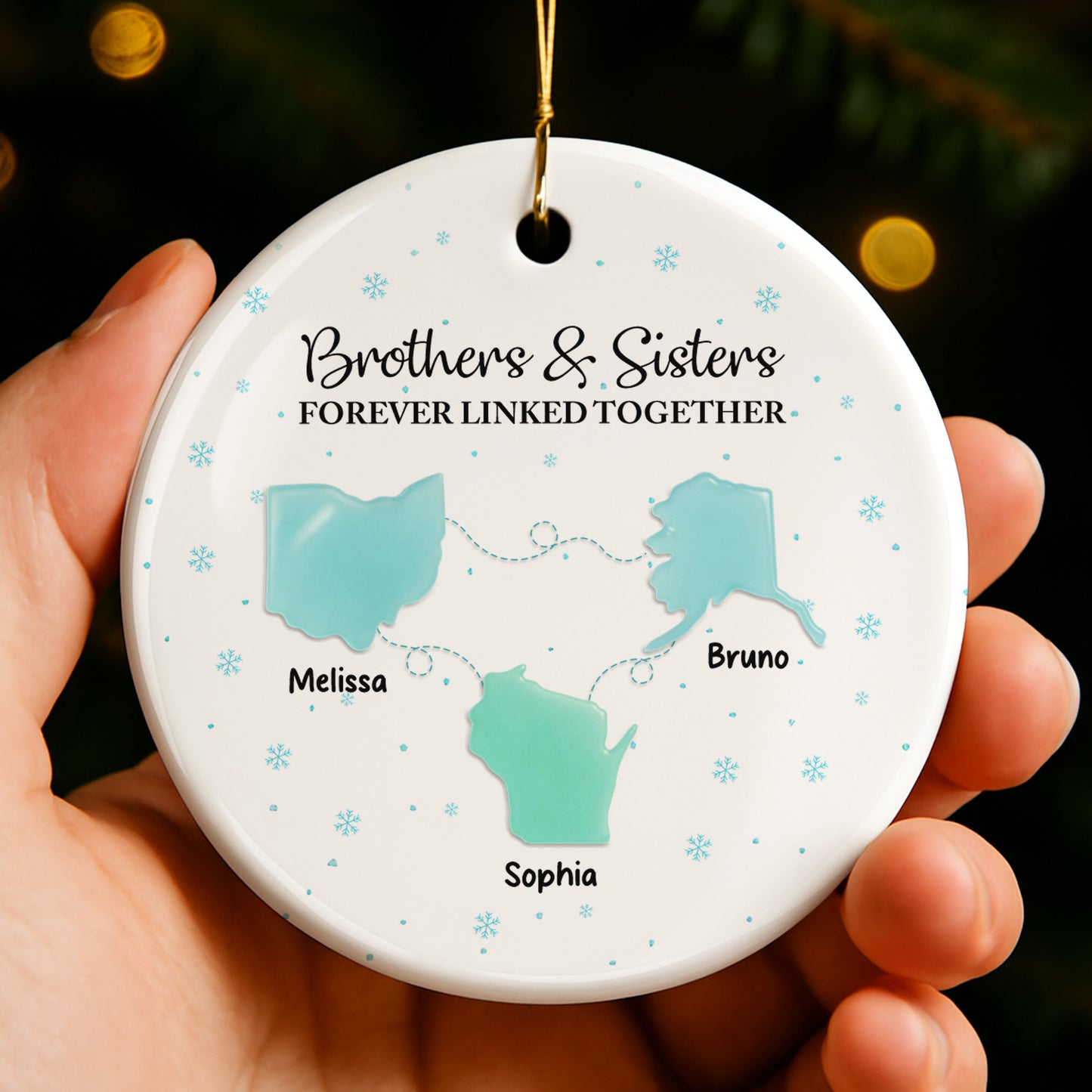 Brothers & Sisters Forever Linked Together With Snowflakes - Personalized Custom Ceramic Ornament With Round Shape - XMAS184_RCE