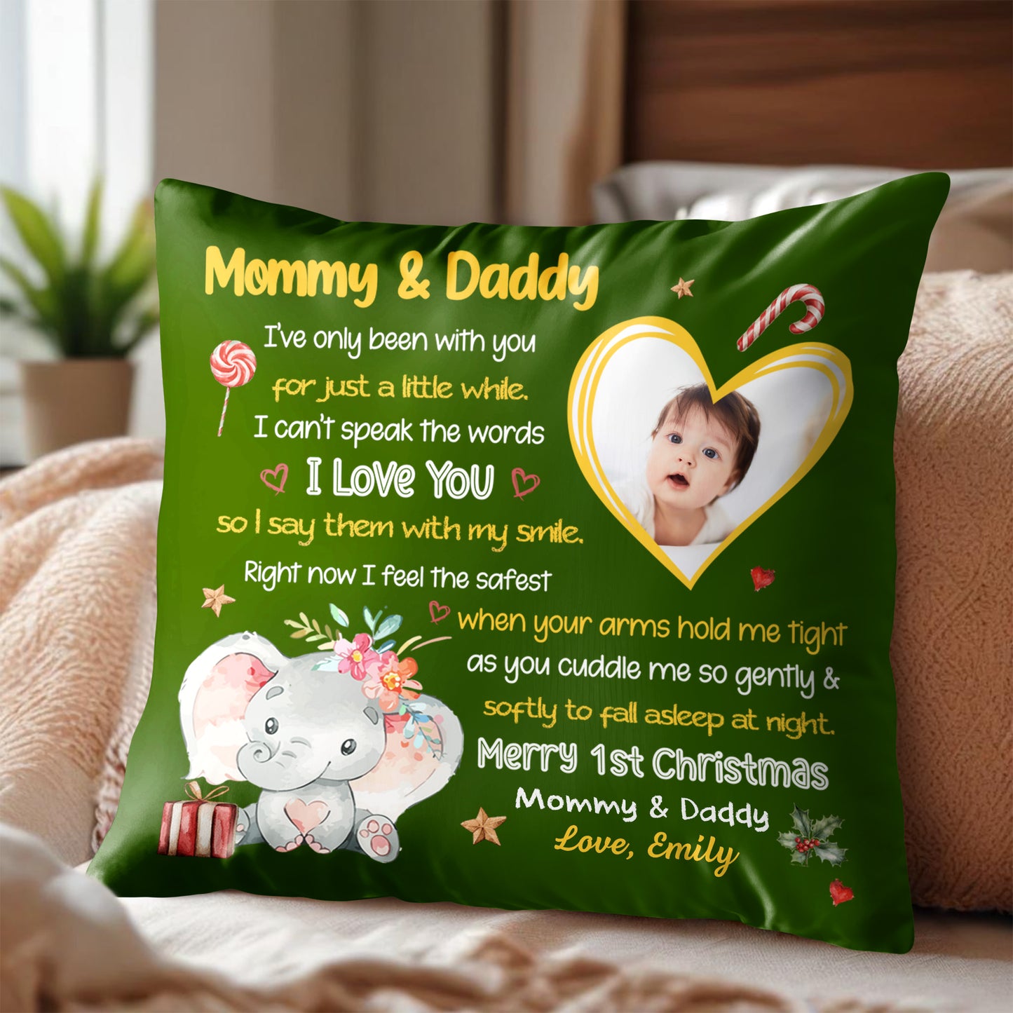 Merry 1st Christmas With Elephant, Flowers And Heart