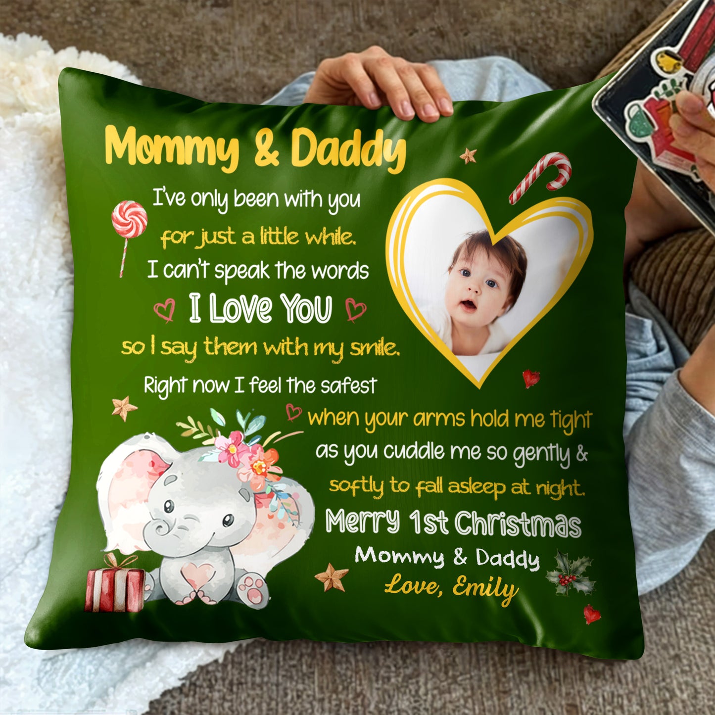 Merry 1st Christmas With Elephant, Flowers And Heart