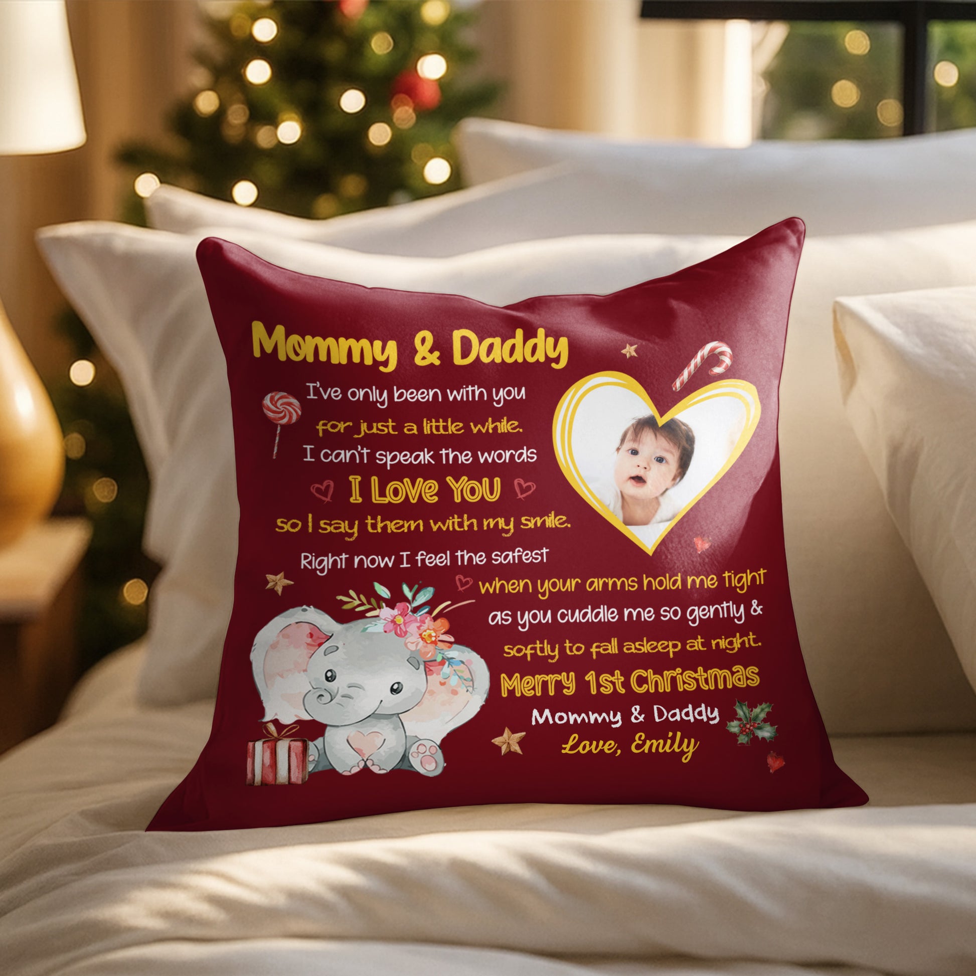 Merry 1st Christmas With Elephant, Flowers And Heart