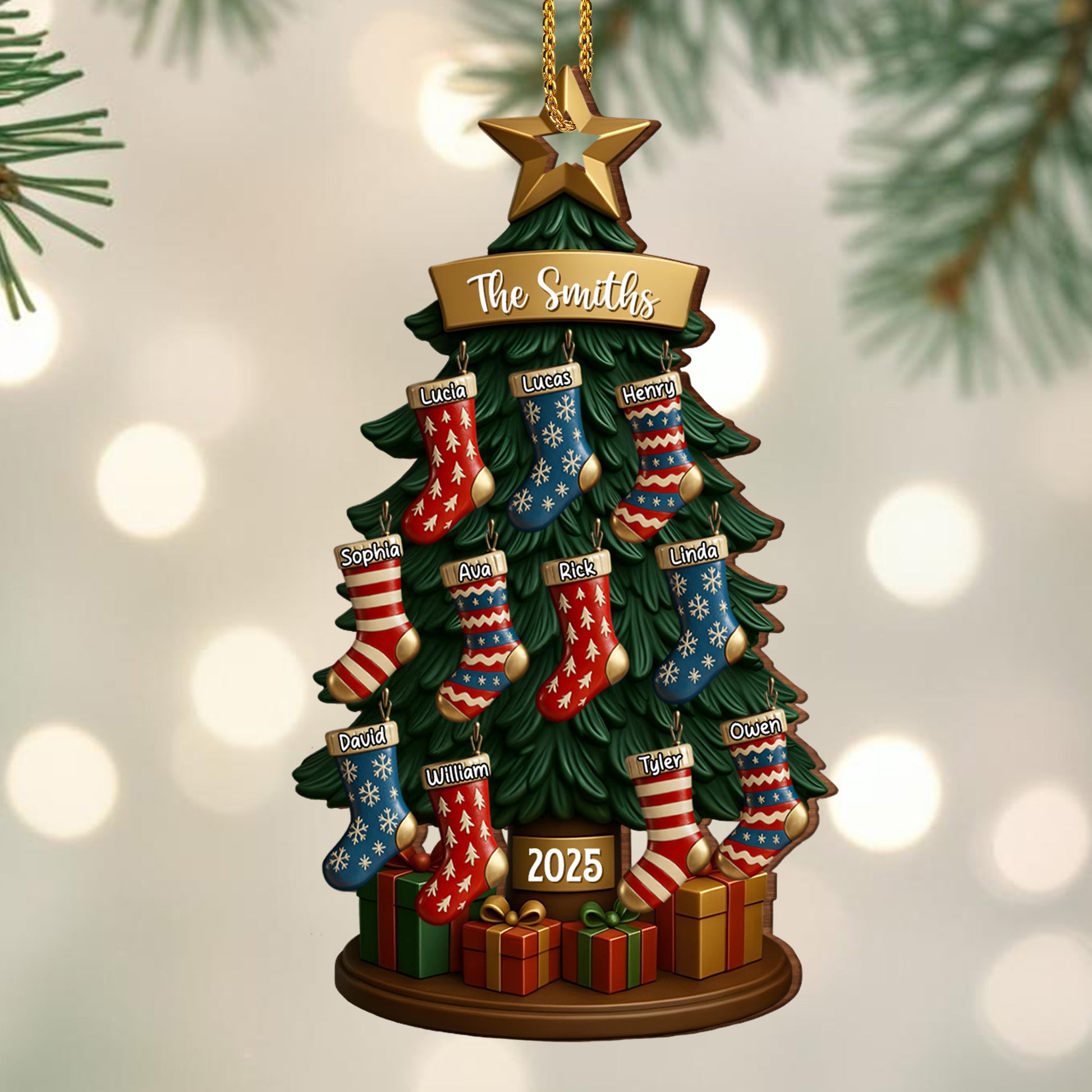 Customizable Family Name With Festive Christmas Tree And Stockings