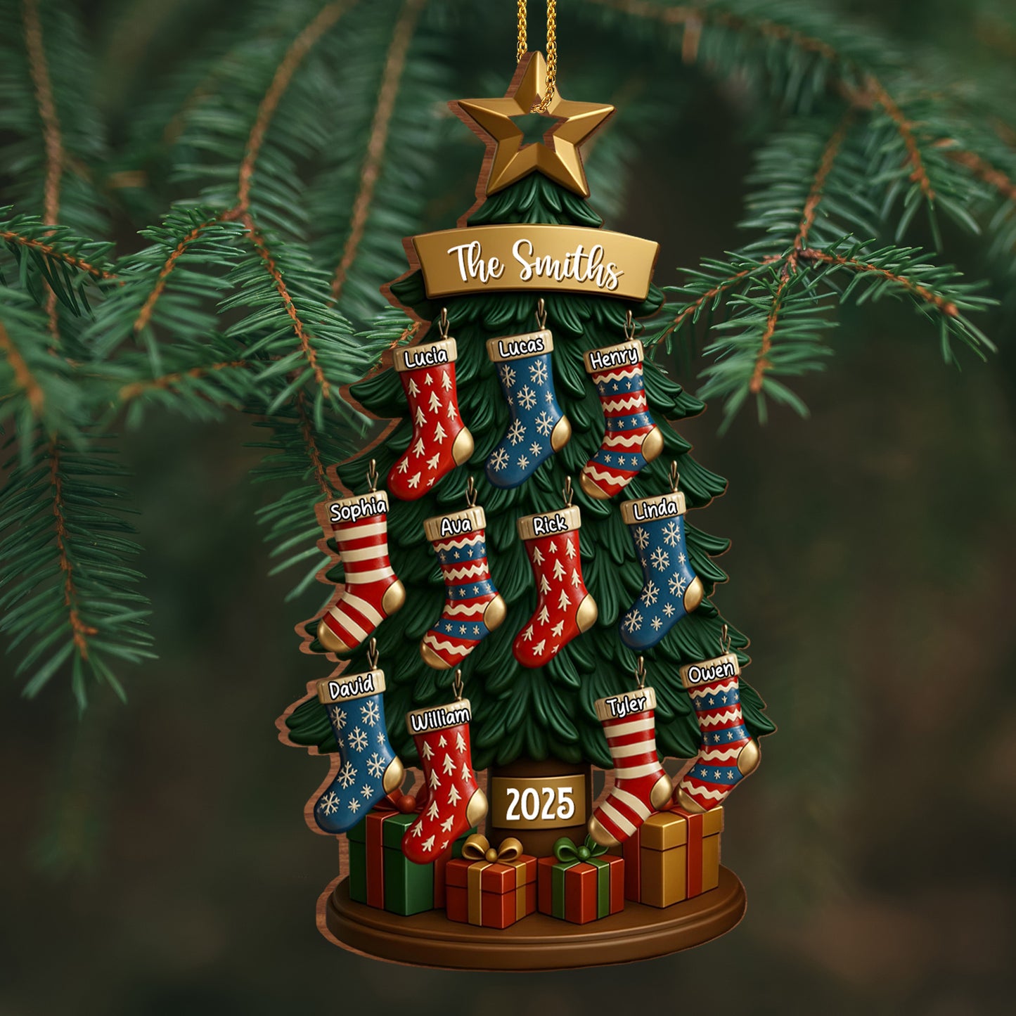 Customizable Family Name With Festive Christmas Tree And Stockings
