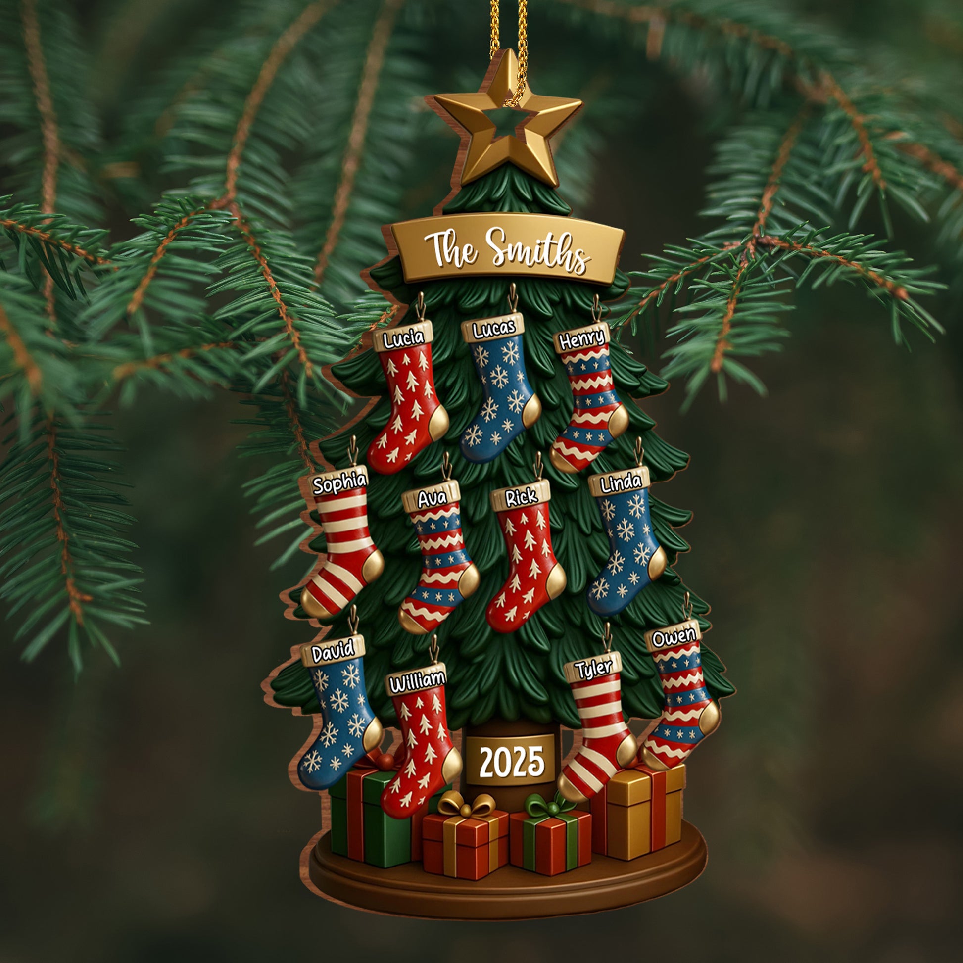 Customizable Family Name With Festive Christmas Tree And Stockings