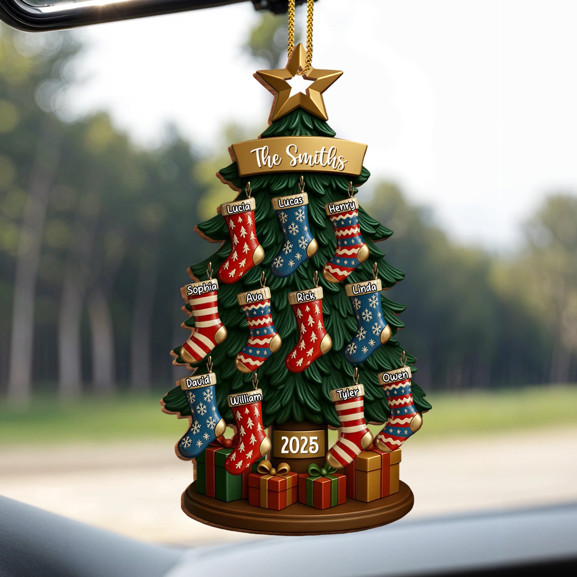 Customizable Family Name With Festive Christmas Tree And Stockings