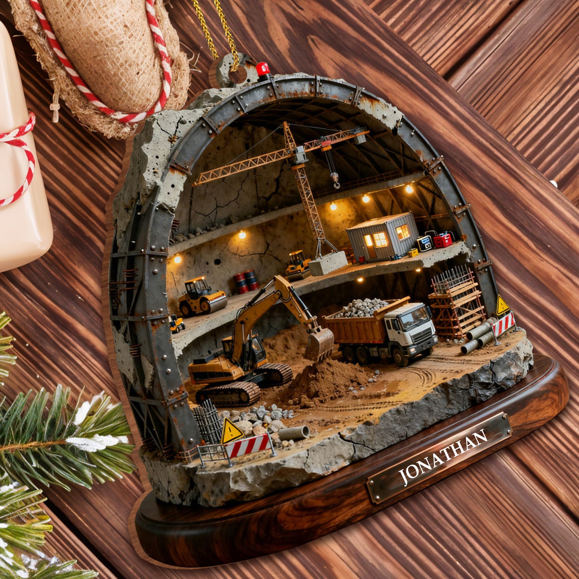 Detailed Construction Site With Machinery And Workers Ornament