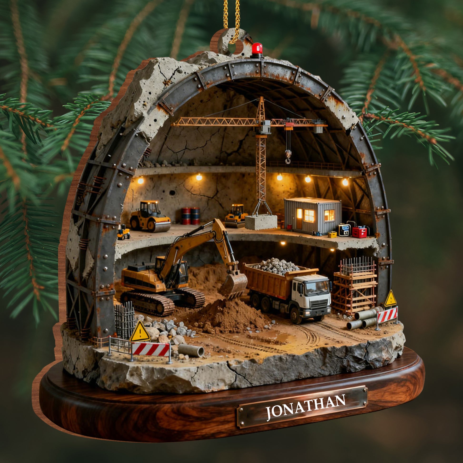 Detailed Construction Site With Machinery And Workers Ornament