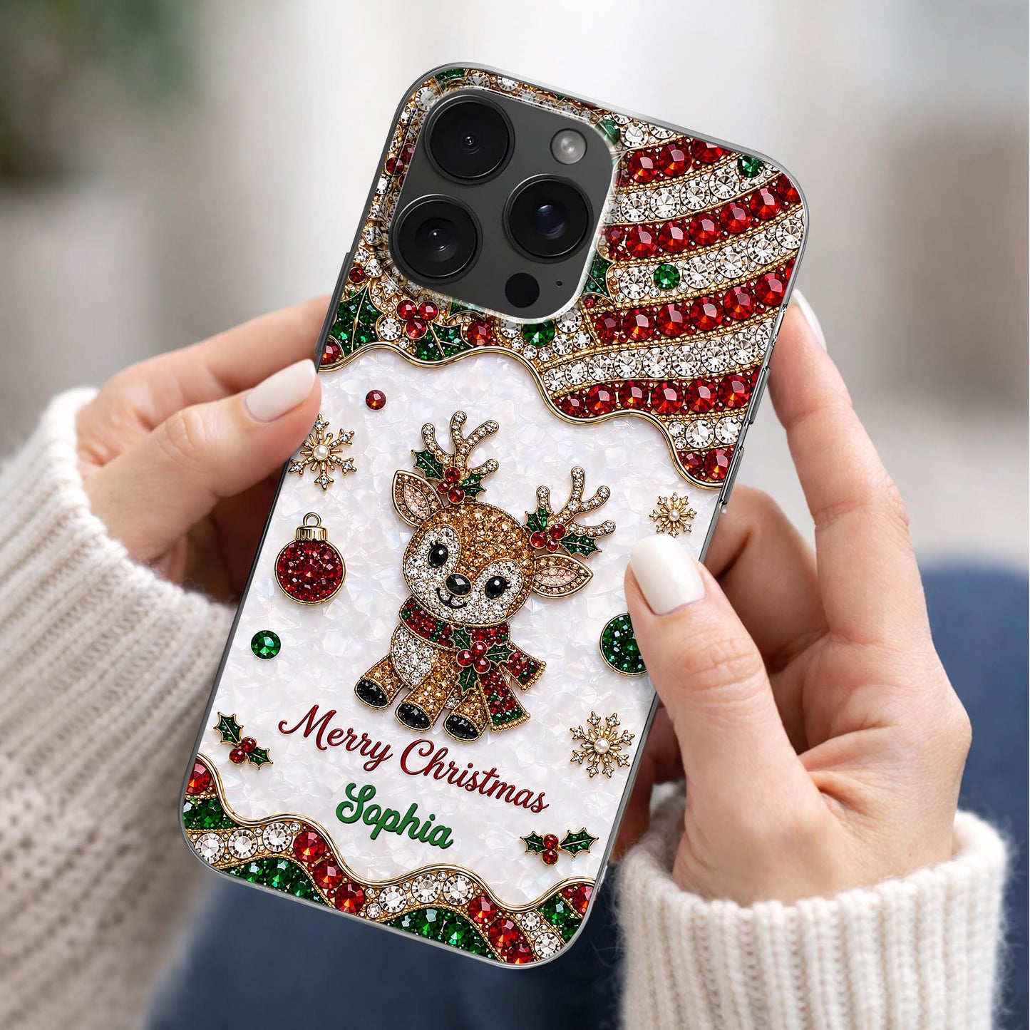 Merry Christmas Reindeer With 3D Crystal Effect Ornaments - Personalized Clear Phone Case - XMAS228_PHC