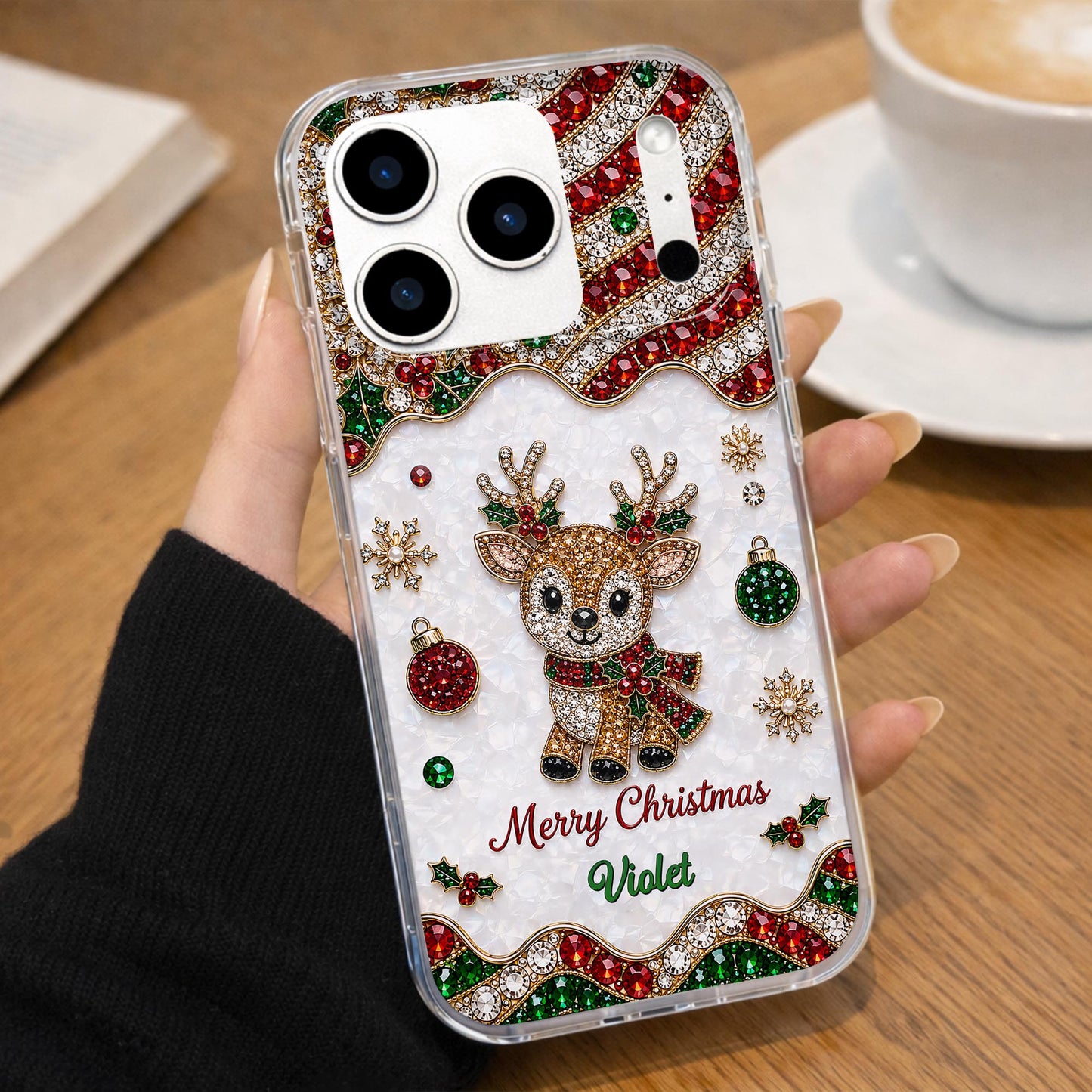 Merry Christmas Reindeer With 3D Crystal Effect Ornaments - Personalized Clear Phone Case - XMAS228_PHC