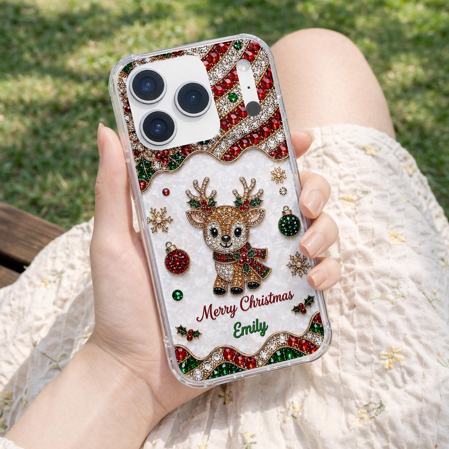 Merry Christmas Reindeer With 3D Crystal Effect Ornaments - Personalized Clear Phone Case - XMAS228_PHC