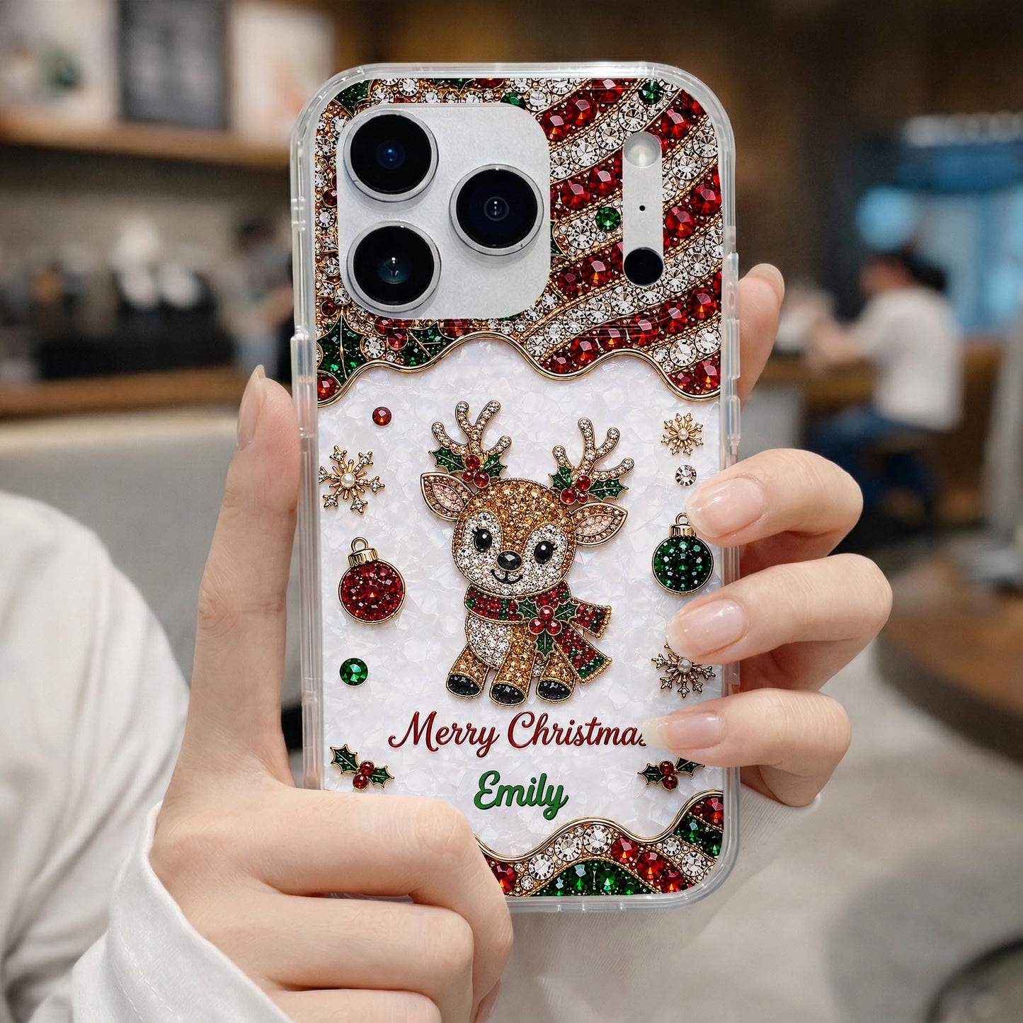 Merry Christmas Reindeer With 3D Crystal Effect Ornaments - Personalized Clear Phone Case - XMAS228_PHC