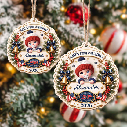 Baby's First Christmas America With Cute Baby And Festive Bells - Personalized Custom Wood Ornament, Custom Shaped - XMAS300_WDO