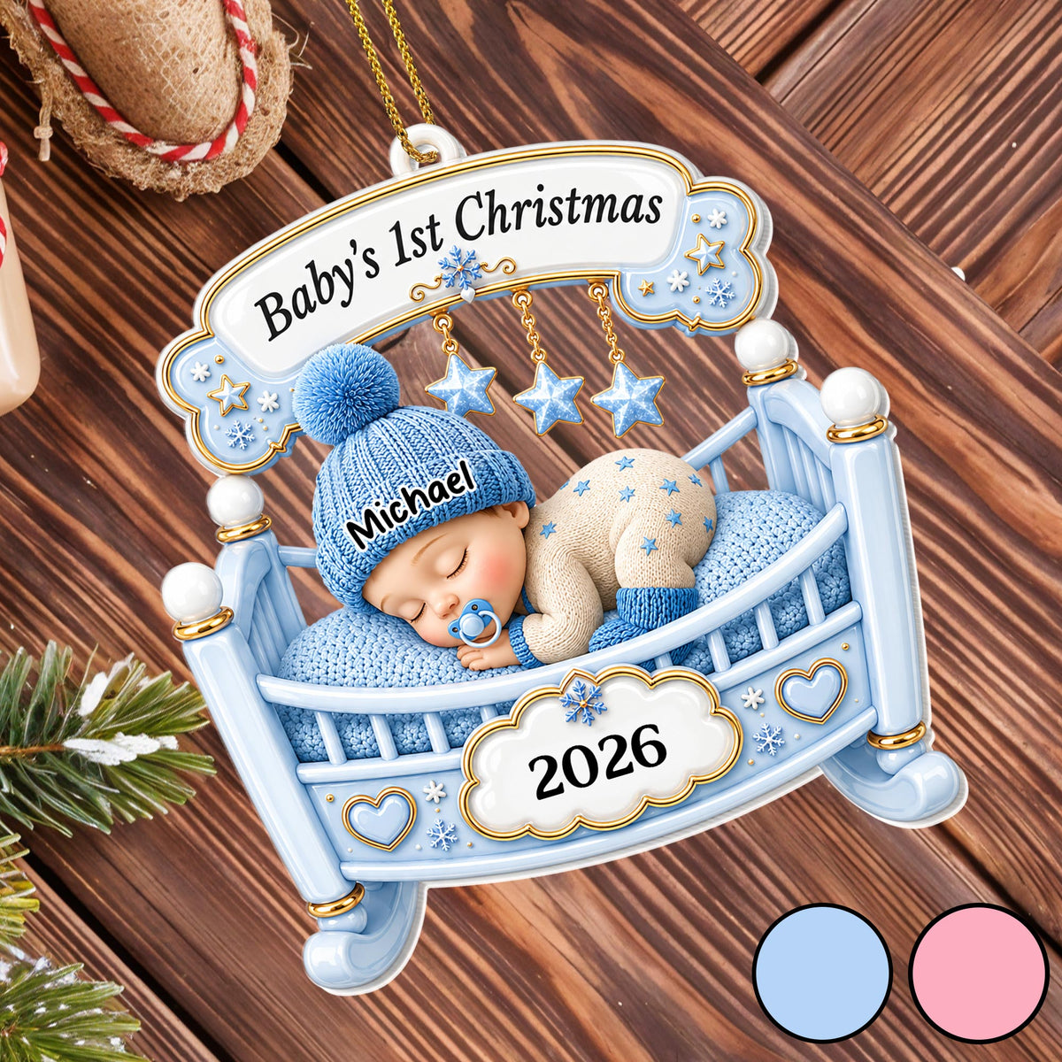 Baby's 1st Christmas Sleeping In Crib With Stars And Snowflakes - Personalized Custom Acrylic Ornament, Christmas Gift - XMAS301_ACO