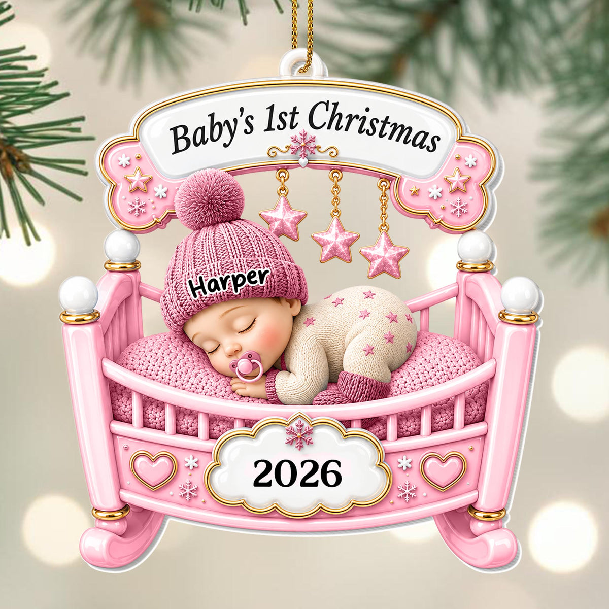 Baby's 1st Christmas Sleeping In Crib With Stars And Snowflakes - Personalized Custom Acrylic Ornament, Christmas Gift - XMAS301_ACO