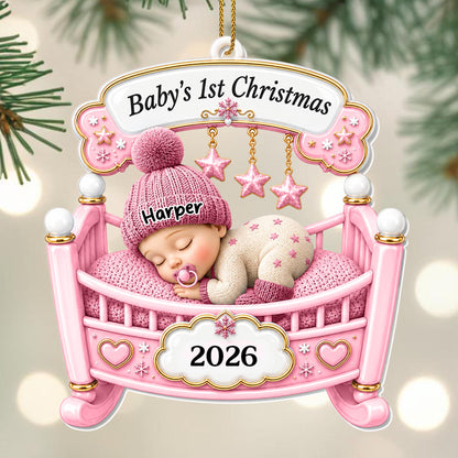 Baby's 1st Christmas Sleeping In Crib With Stars And Snowflakes - Personalized Custom Acrylic Ornament, Christmas Gift - XMAS301_ACO