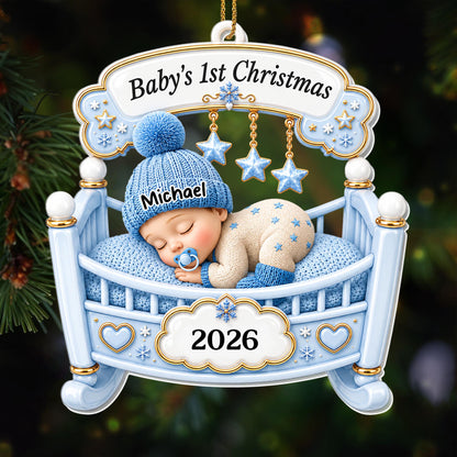 Baby's 1st Christmas Sleeping In Crib With Stars And Snowflakes - Personalized Custom Acrylic Ornament, Christmas Gift - XMAS301_ACO