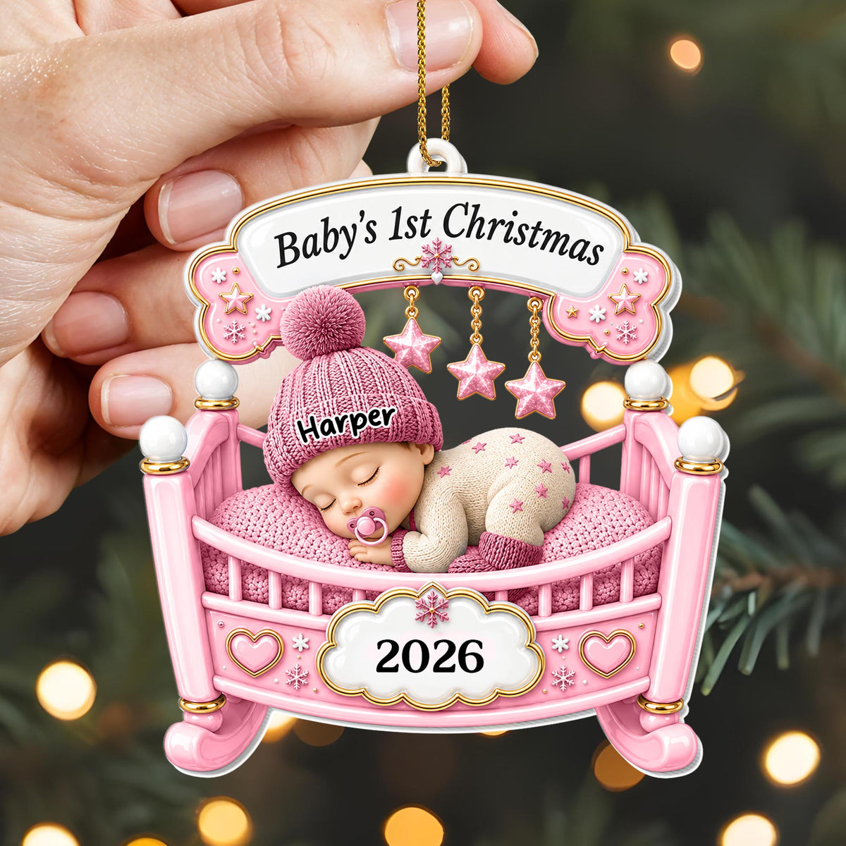 Baby's 1st Christmas Sleeping In Crib With Stars And Snowflakes - Personalized Custom Acrylic Ornament, Christmas Gift - XMAS301_ACO