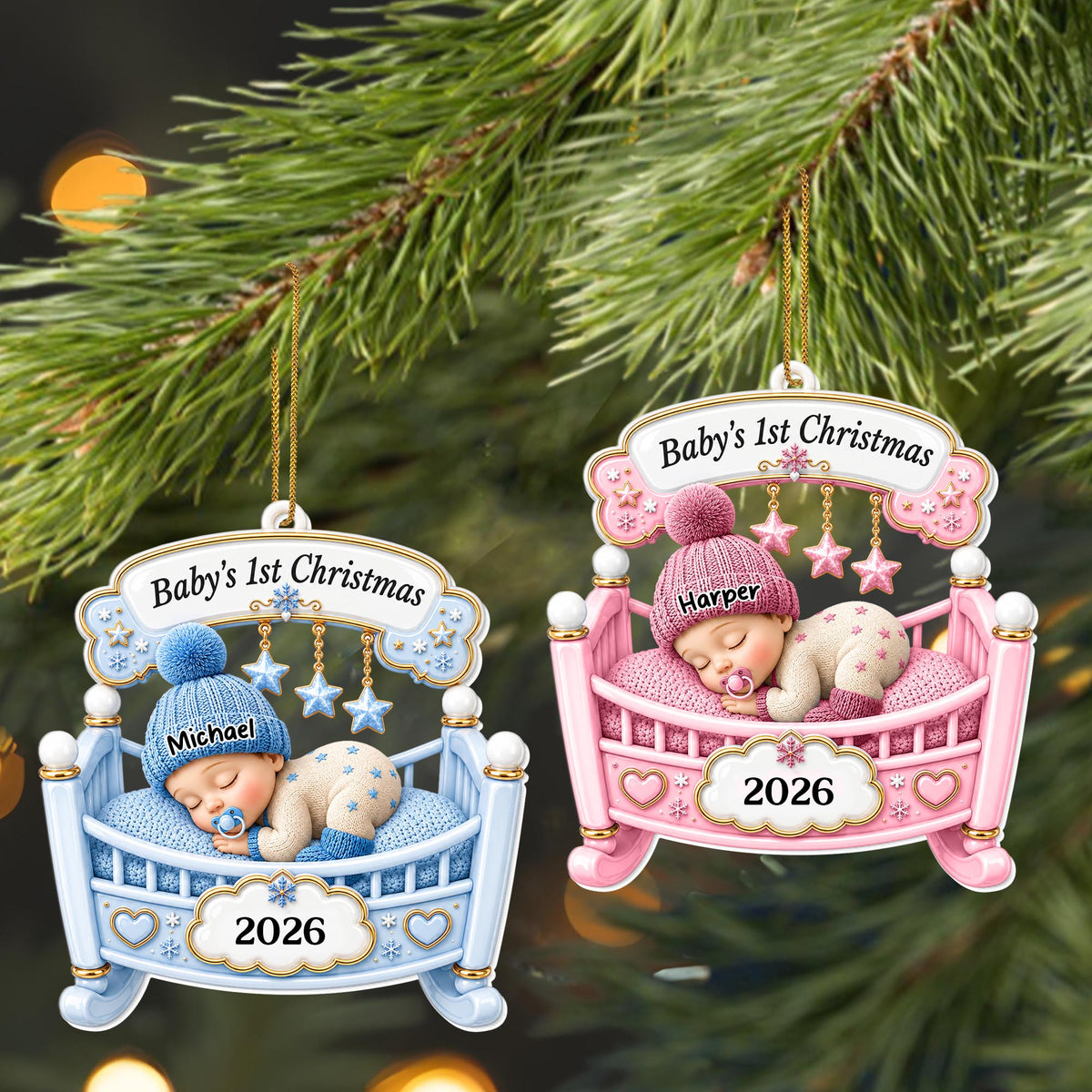 Baby's 1st Christmas Sleeping In Crib With Stars And Snowflakes - Personalized Custom Acrylic Ornament, Christmas Gift - XMAS301_ACO