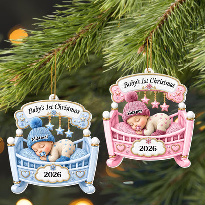 Baby's 1st Christmas Sleeping In Crib With Stars And Snowflakes - Personalized Custom Acrylic Ornament, Christmas Gift - XMAS301_ACO