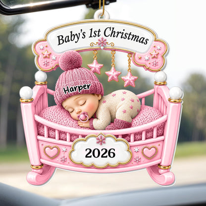 Baby's 1st Christmas Sleeping In Crib With Stars And Snowflakes - Personalized Custom Acrylic Ornament, Christmas Gift - XMAS301_ACO