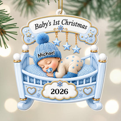 Baby's 1st Christmas Sleeping In Crib With Stars And Snowflakes - Personalized Custom Acrylic Ornament, Christmas Gift - XMAS301_ACO