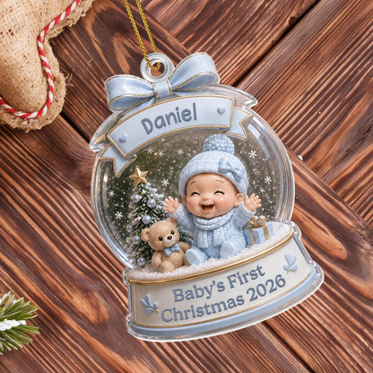 Baby's First Christmas Snow Globe Ornament With Teddy Bear And Tree - Personalized Custom Acrylic Ornament, Christmas Gift - XMAS308_ACO