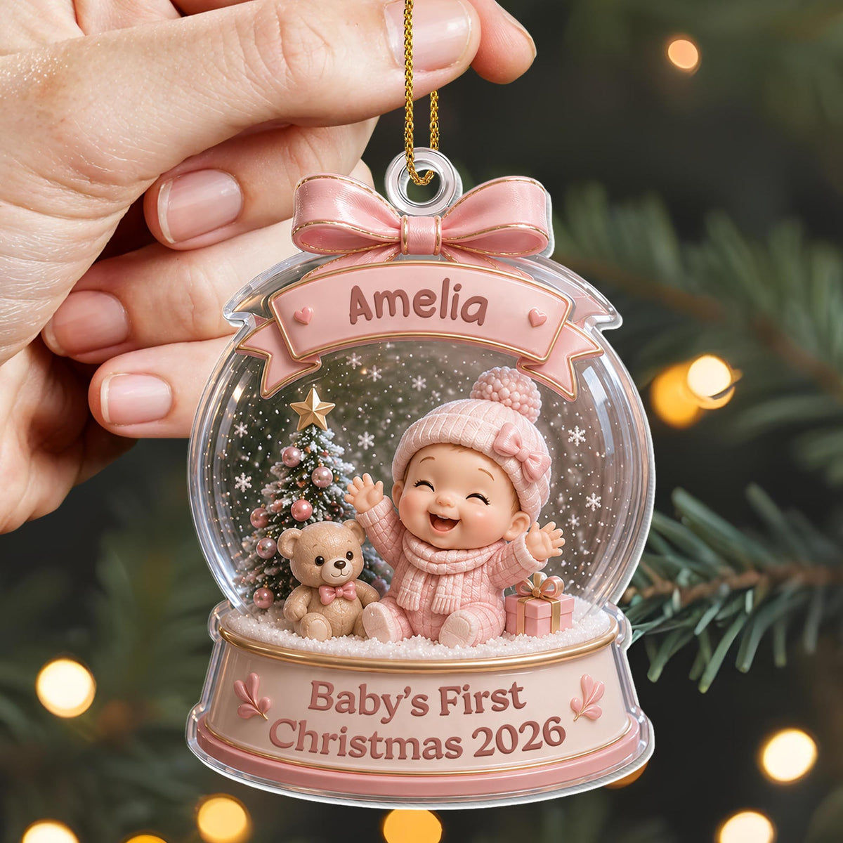 Baby's First Christmas Snow Globe Ornament With Teddy Bear And Tree - Personalized Custom Acrylic Ornament, Christmas Gift - XMAS308_ACO