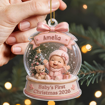 Baby's First Christmas Snow Globe Ornament With Teddy Bear And Tree - Personalized Custom Acrylic Ornament, Christmas Gift - XMAS308_ACO