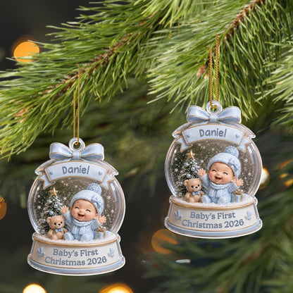 Baby's First Christmas Snow Globe Ornament With Teddy Bear And Tree - Personalized Custom Acrylic Ornament, Christmas Gift - XMAS308_ACO