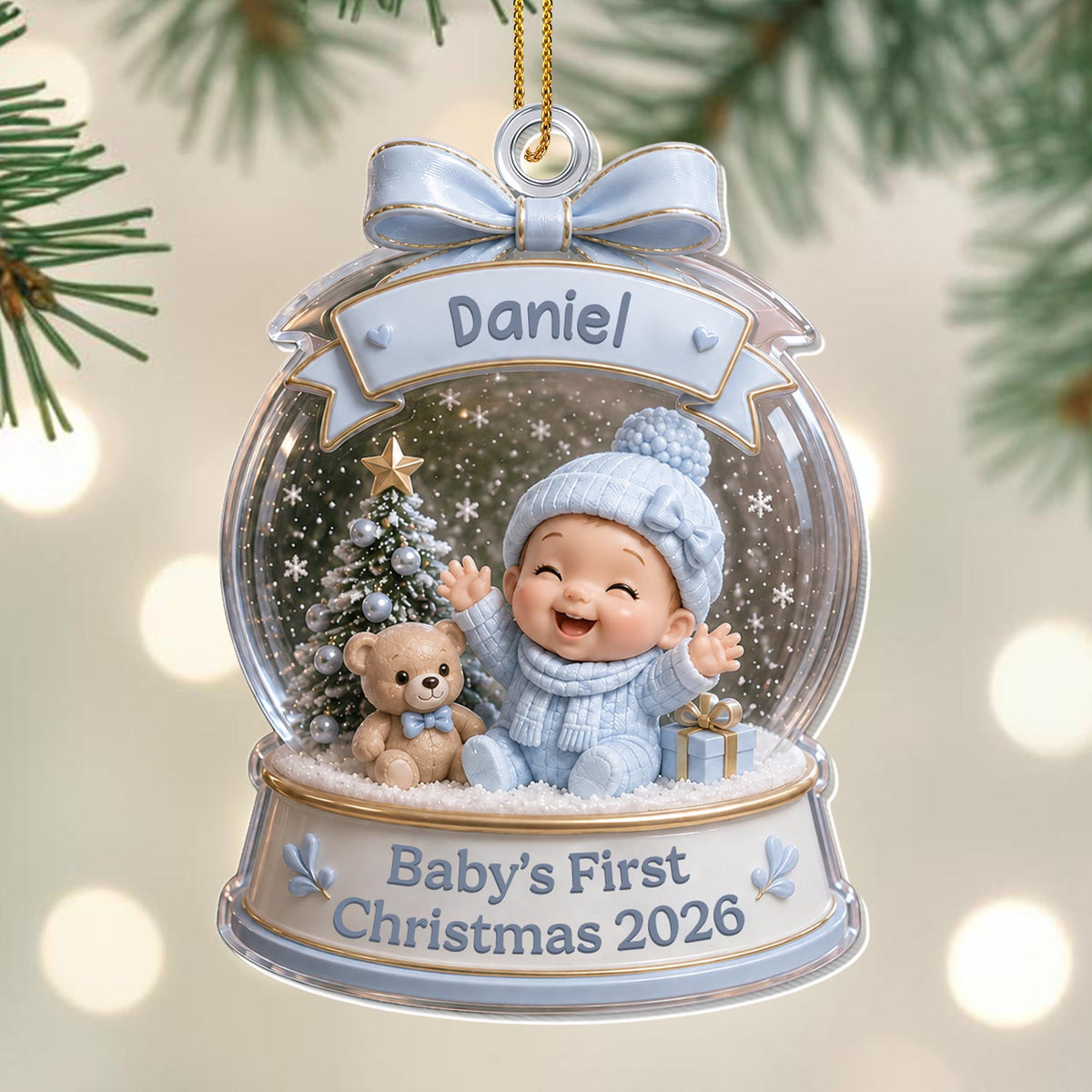 Baby's First Christmas Snow Globe Ornament With Teddy Bear And Tree - Personalized Custom Acrylic Ornament, Christmas Gift - XMAS308_ACO