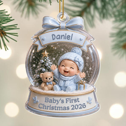 Baby's First Christmas Snow Globe Ornament With Teddy Bear And Tree - Personalized Custom Acrylic Ornament, Christmas Gift - XMAS308_ACO
