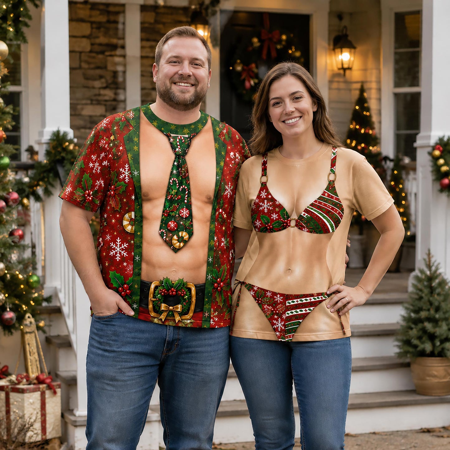 Festive Christmas Bikini With Snowflakes And Holly Berries - Personalized Custom Unisex All-Over Printed T-Shirt - XMAS315_3T