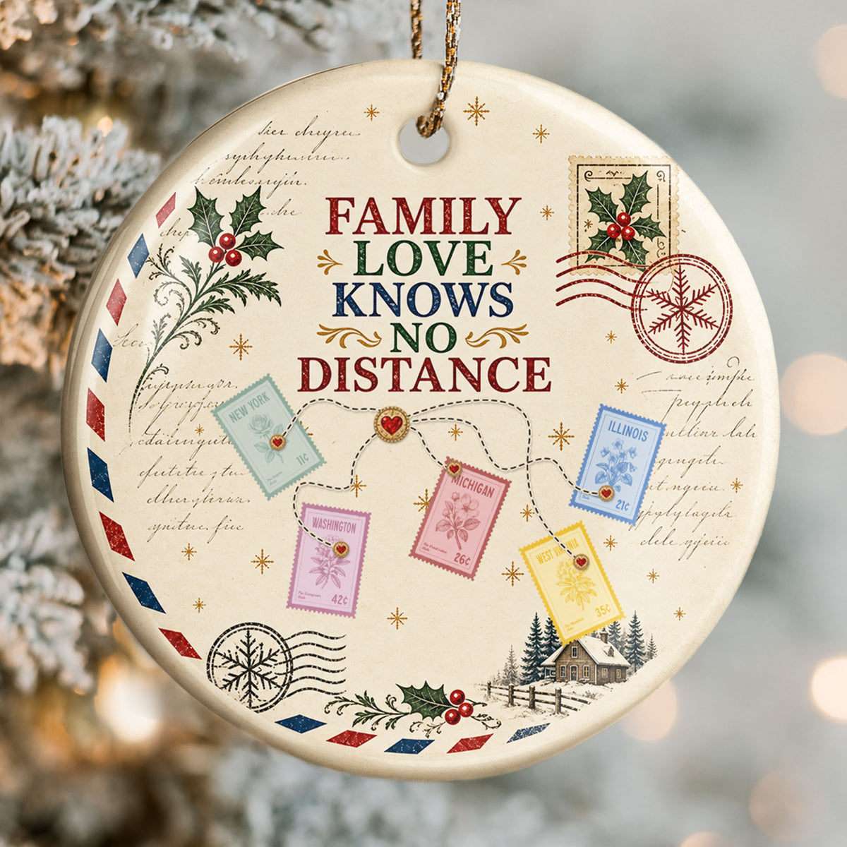 Family Love Knows No Distance With Postage Stamps And Holly Leaves - Personalized Custom Ceramic Ornament With Round Shape - XMAS372_RCE