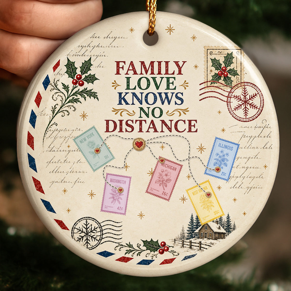 Family Love Knows No Distance With Postage Stamps And Holly Leaves - Personalized Custom Ceramic Ornament With Round Shape - XMAS372_RCE