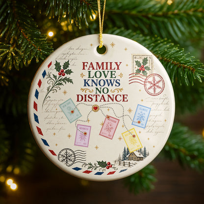 Family Love Knows No Distance With Postage Stamps And Holly Leaves - Personalized Custom Ceramic Ornament With Round Shape - XMAS372_RCE