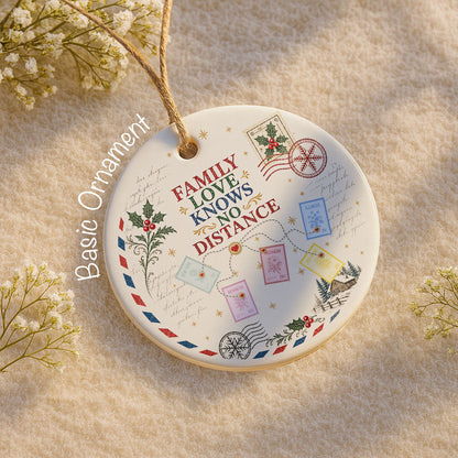Family Love Knows No Distance With Postage Stamps And Holly Leaves - Personalized Custom Ceramic Ornament With Round Shape - XMAS372_RCE