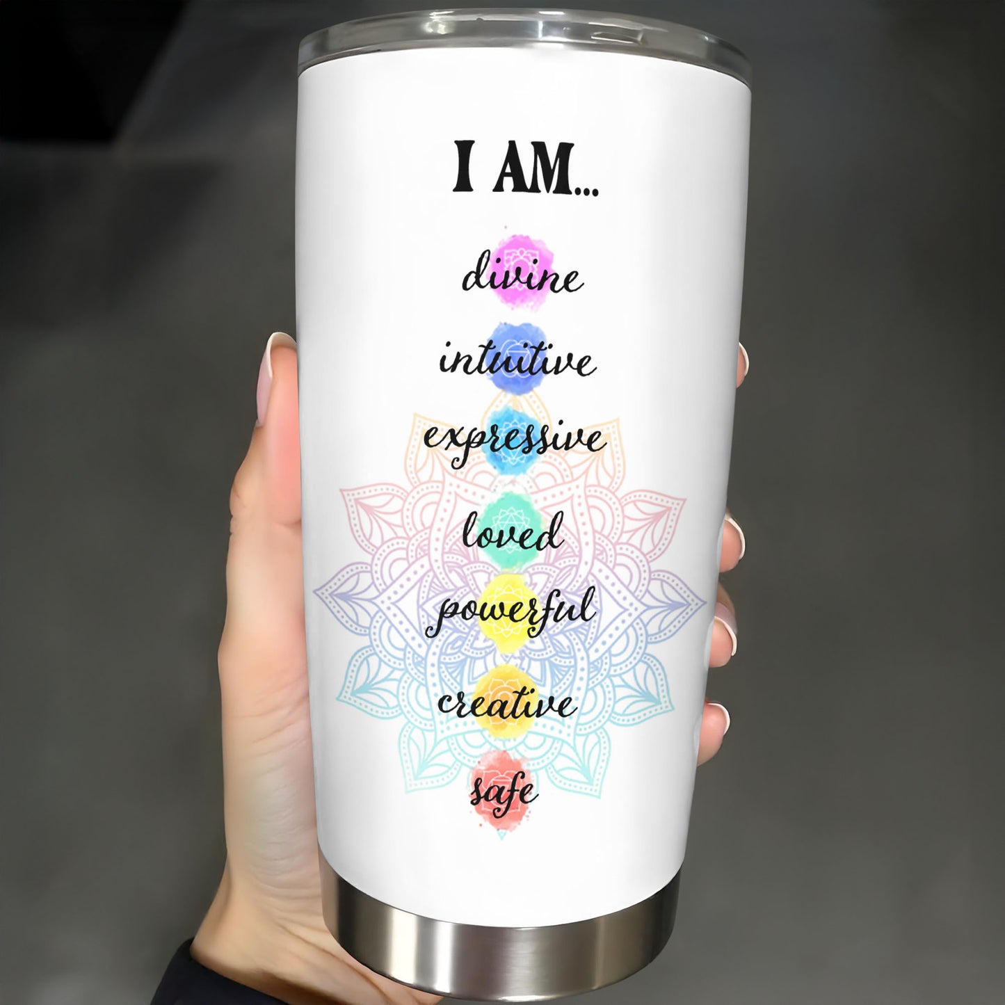 I Am Divine Intuitive Expressive, Mandala And Meditating Girl Tumbler