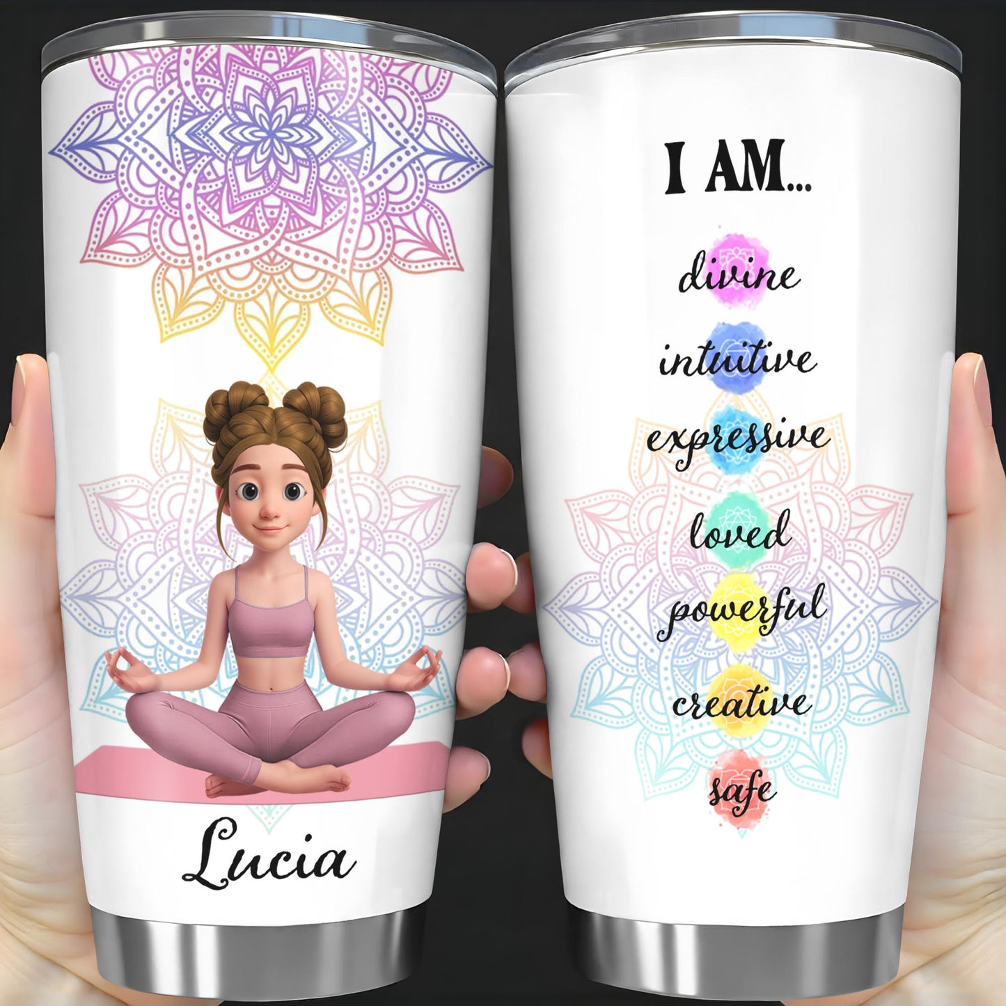 I Am Divine Intuitive Expressive, Mandala And Meditating Girl Tumbler