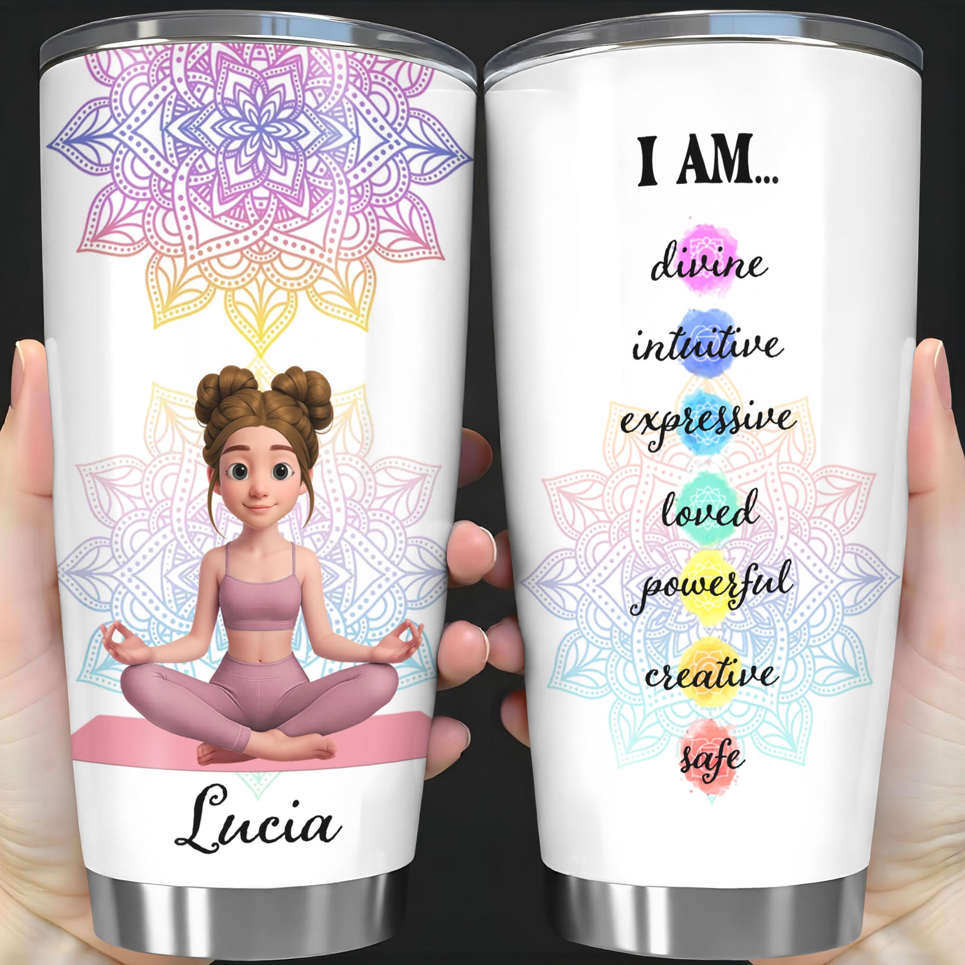 I Am Divine Intuitive Expressive, Mandala And Meditating Girl Tumbler